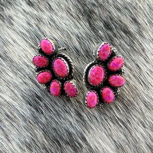 Neon Pink Opal Half Cluster Blossom earrings